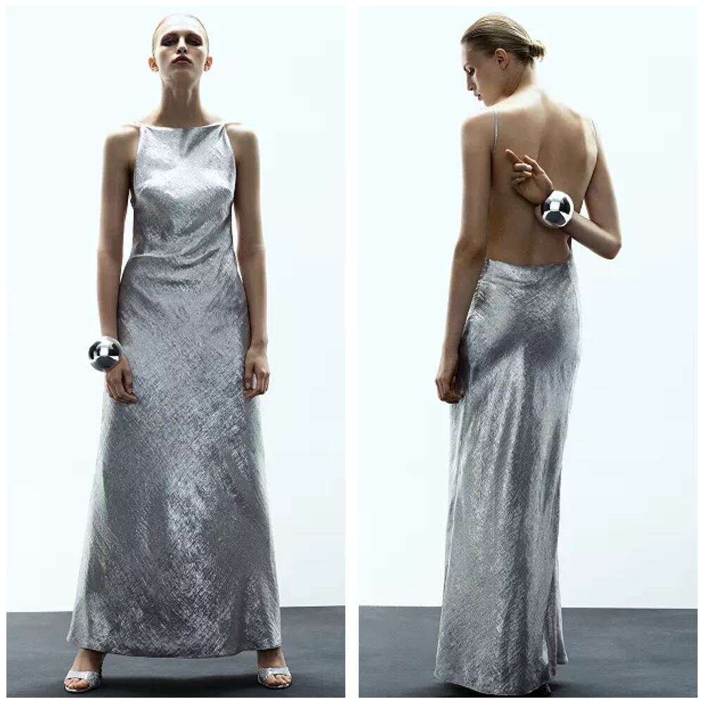 Mango Collection Metallic Open Back Maxi Dress Size 6 Silver Formal Wedding